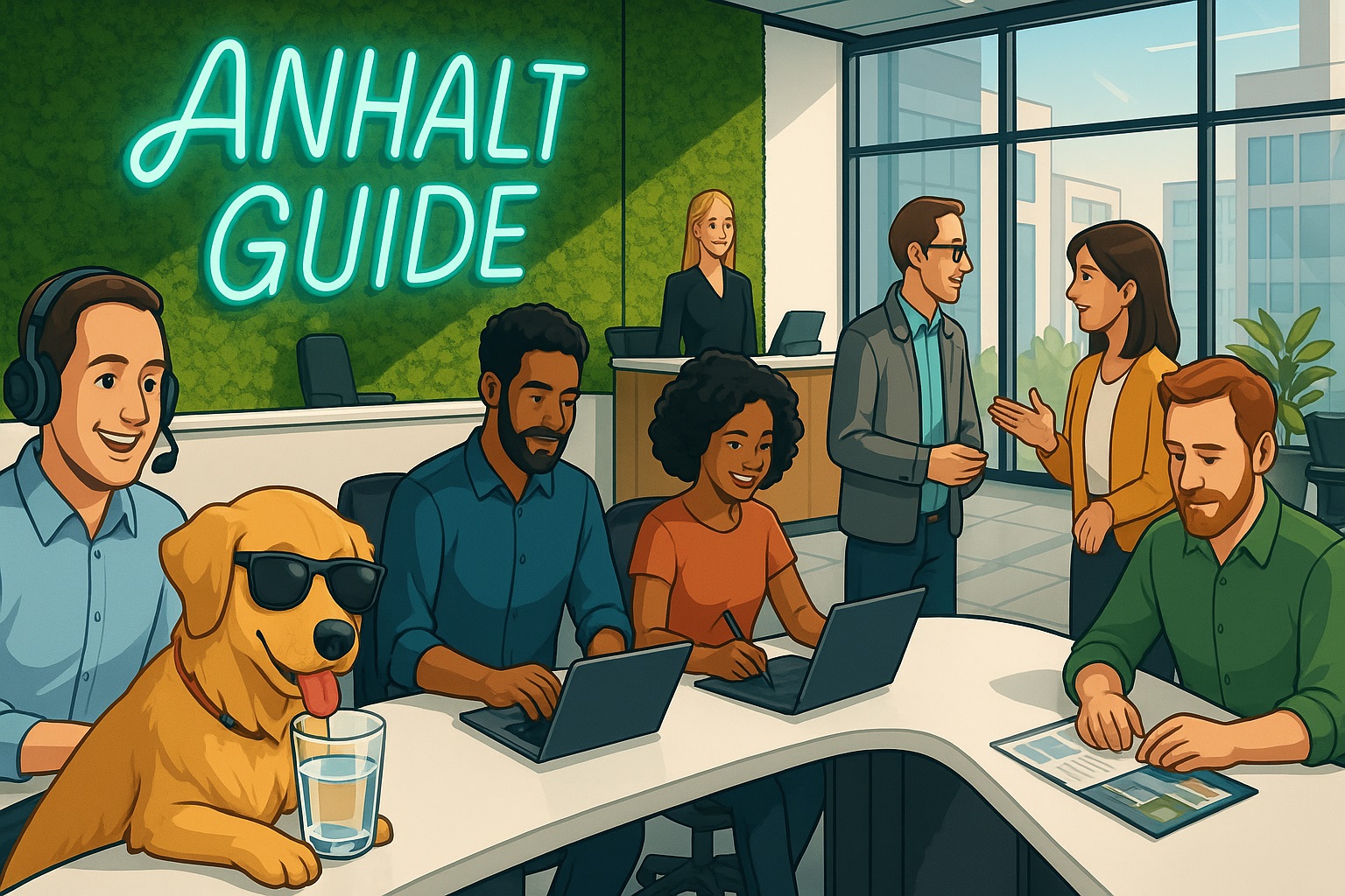 Illustration eines AnhaltGuide Teams im Büro